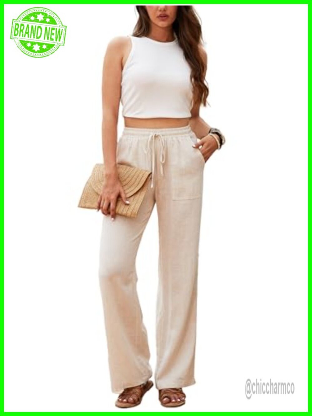 Linen Straight Leg Pants with Pockets High Waist Drawstring